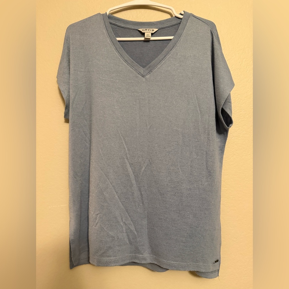 Orvis Women's Light Blue V-Neck Short Sleeve Top